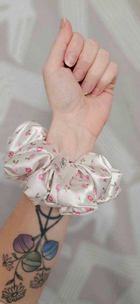 Dainty Pink Floral Satin Scrunchie