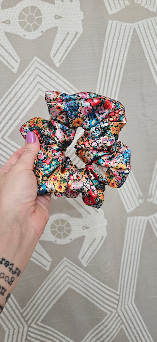 Rainbow Floral Satin Scrunchie