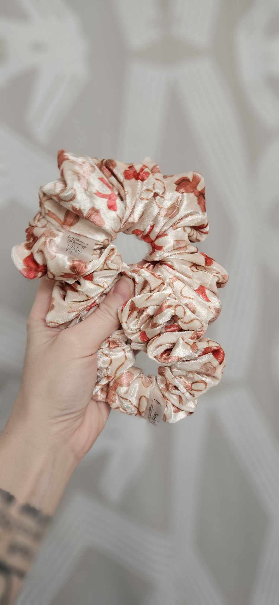 Cream and Pink Bows Velvet Scrunchie