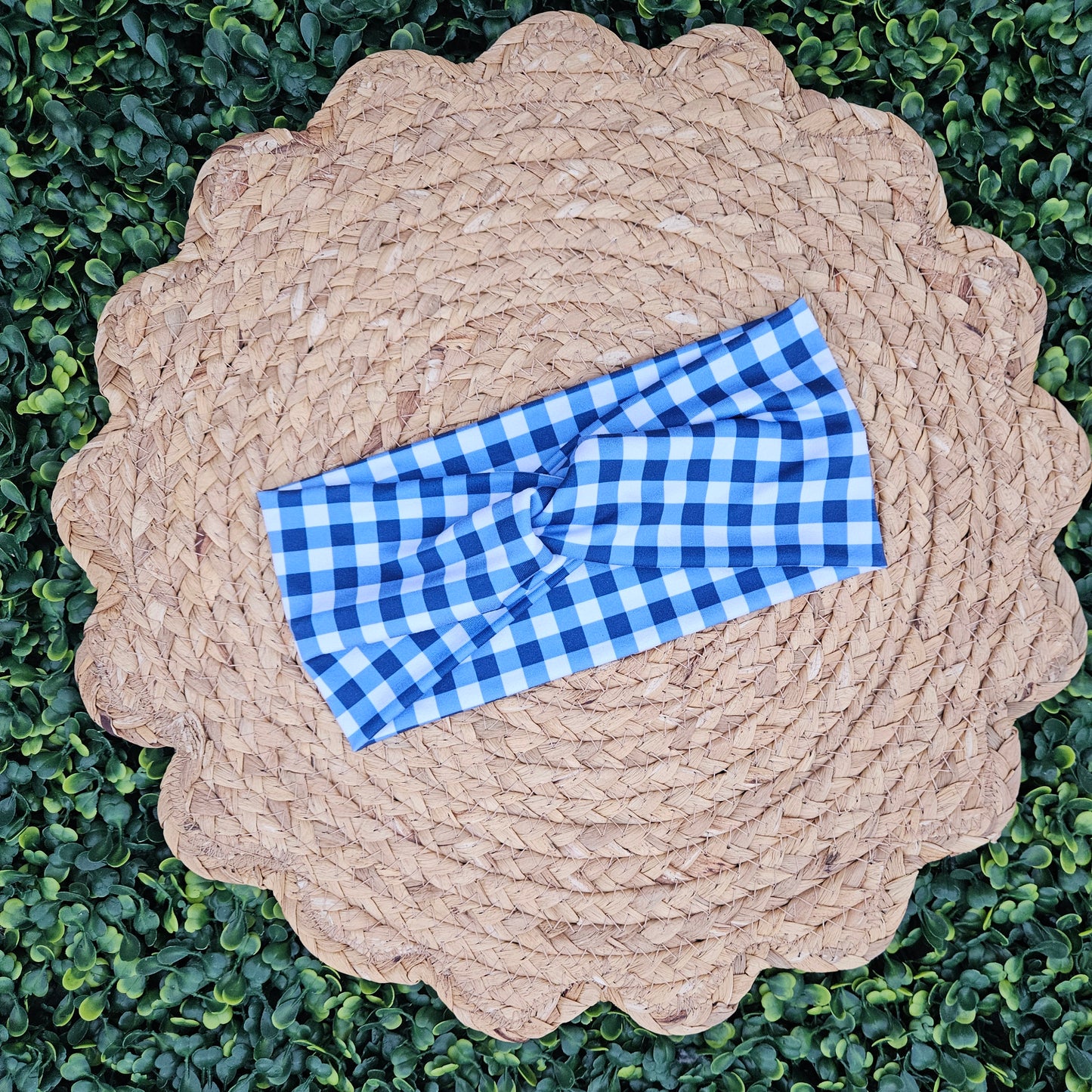 Blue Gingham Twist Headband