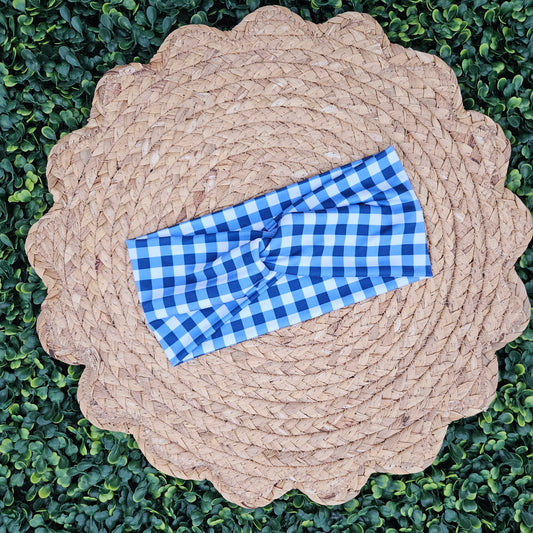 Blue Gingham Twist Headband
